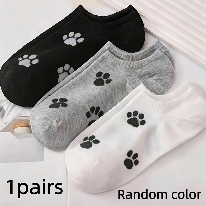 TEMU Random 1-pair Women's Black, White, And Gray Contrast Color Cute Cat Paw Pattern Boat Socks, Fresh And Versatile For Daily Wear