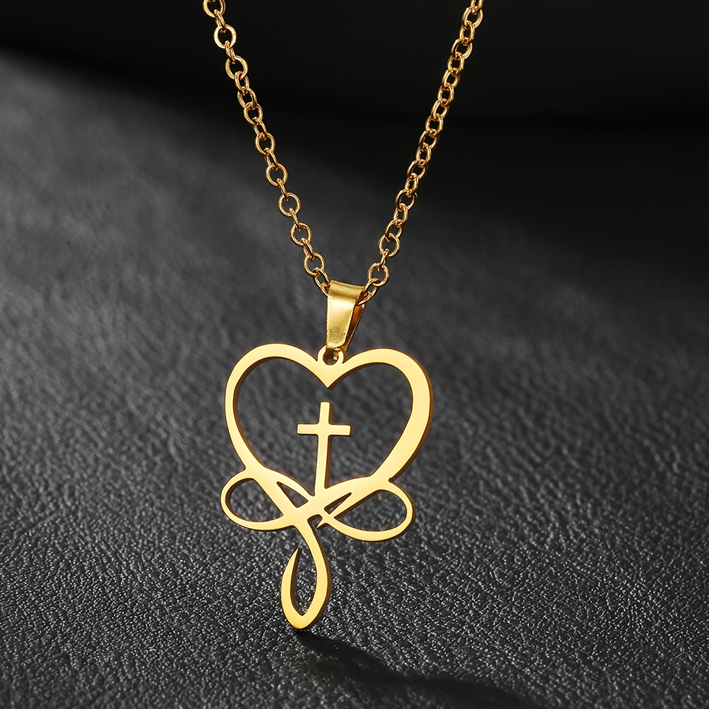 Image of A 304 Stainless Steel Necklace With Plating, Featuring A Hollow Cross And Heart Elements, Men And Women, Making It An Ideal Gift For Mother's Day