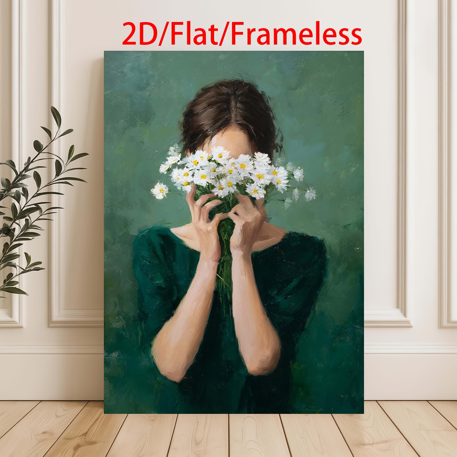 TEMU 2d Flat, 2d Flat, Frameless Daisy Portrait Poster Print, Woman Holding Flowers, Modern Oil Painting Style Wall Decor, Fun Art Wall Decoration,