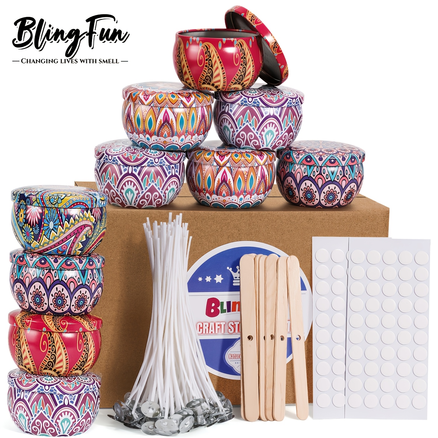 TEMU Blingfun 220-delige Kaarsen Maak Kit, Inclusief 10 stuks 2.5Oz Vintage Verf Potten met Deksel, 100 stuks Kaarslonten en 100 stuks Stickers en 10