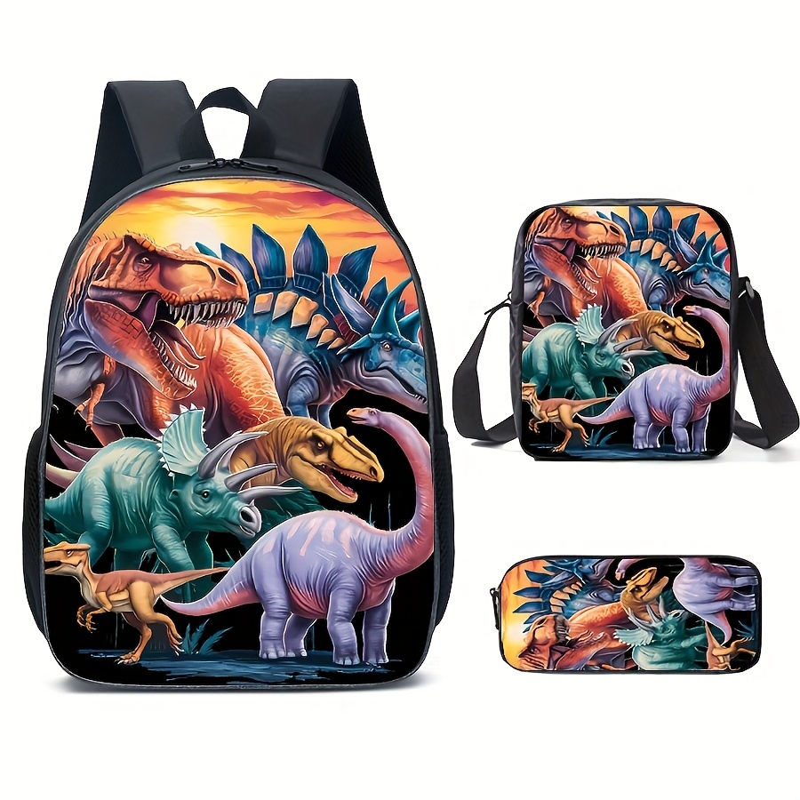 

-piece Dinosaur Pattern Backpack, Lightweight Outdoor Bag, -piece Set Includes Backpack, Crossbody Bag, And Pencil Case