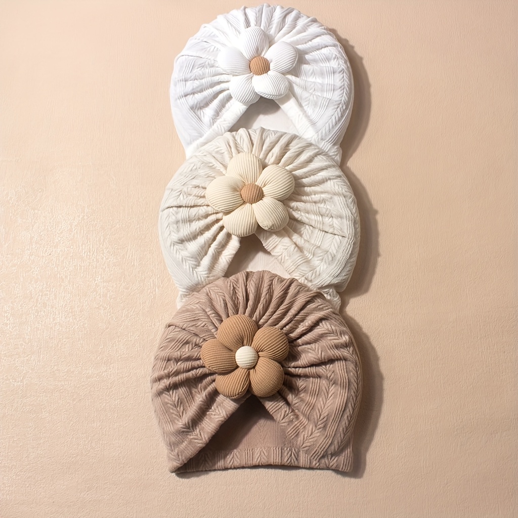 3pcs Baby Wheat Striped Flower Pullover Hat Soft And Comfortable Cute Baby Fetal Hat Hat Holiday Gift