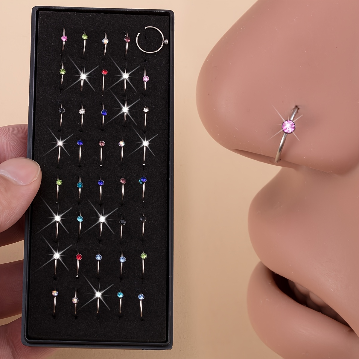 Image of 40pcs/80pcs Synthetic Synthetic Cubic Zirconiaia Nose Rings Nose Piercing Hoop Cartilage Tragus Daith Helix Earring Clear Multicolor Synthetic Synthetic Cubic Zirconiaia Piercing Jewelry