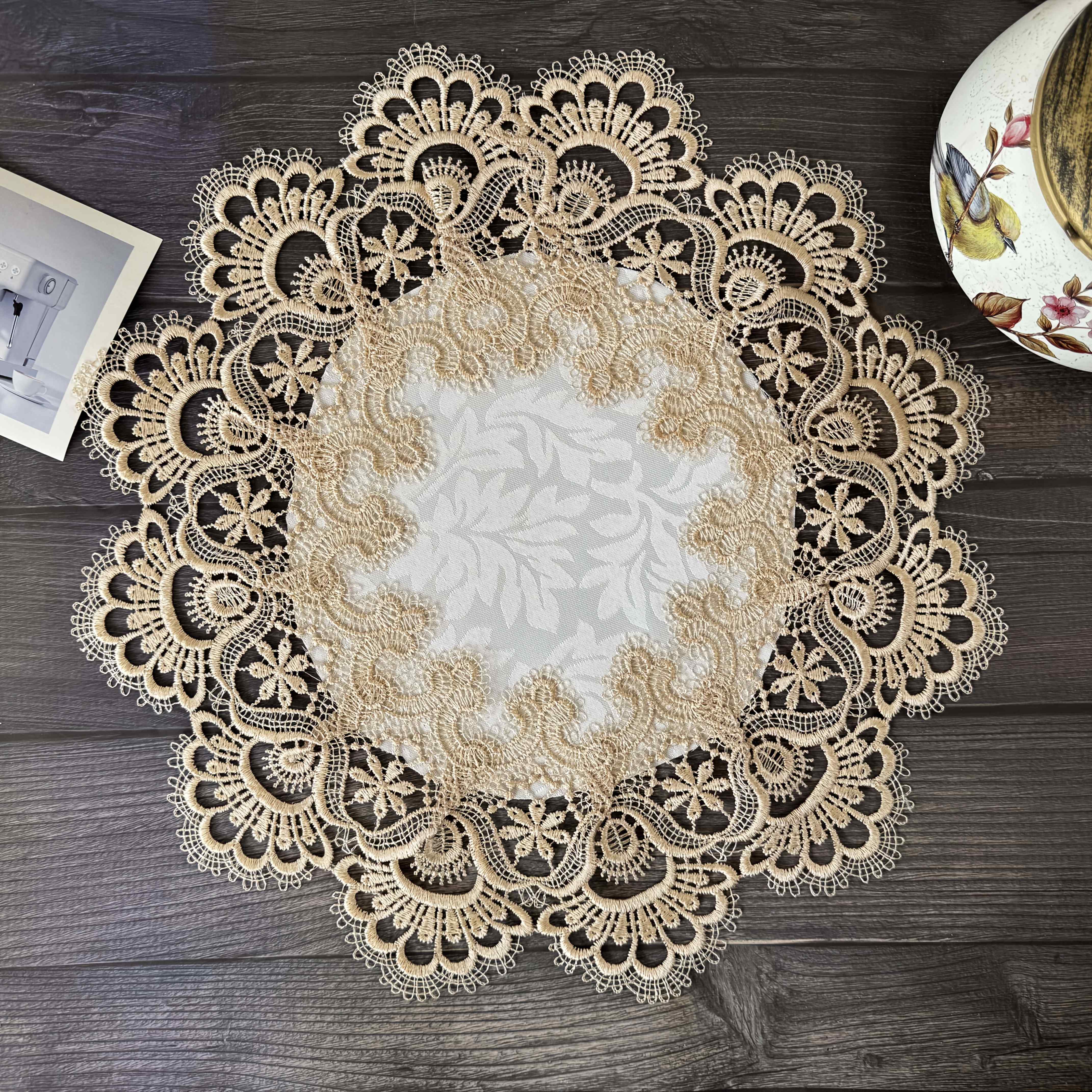 1pc Polyester Lace-Embroidered Round Placemat Tablecloth for Kitchen, Dining Room, and Café Party Decor