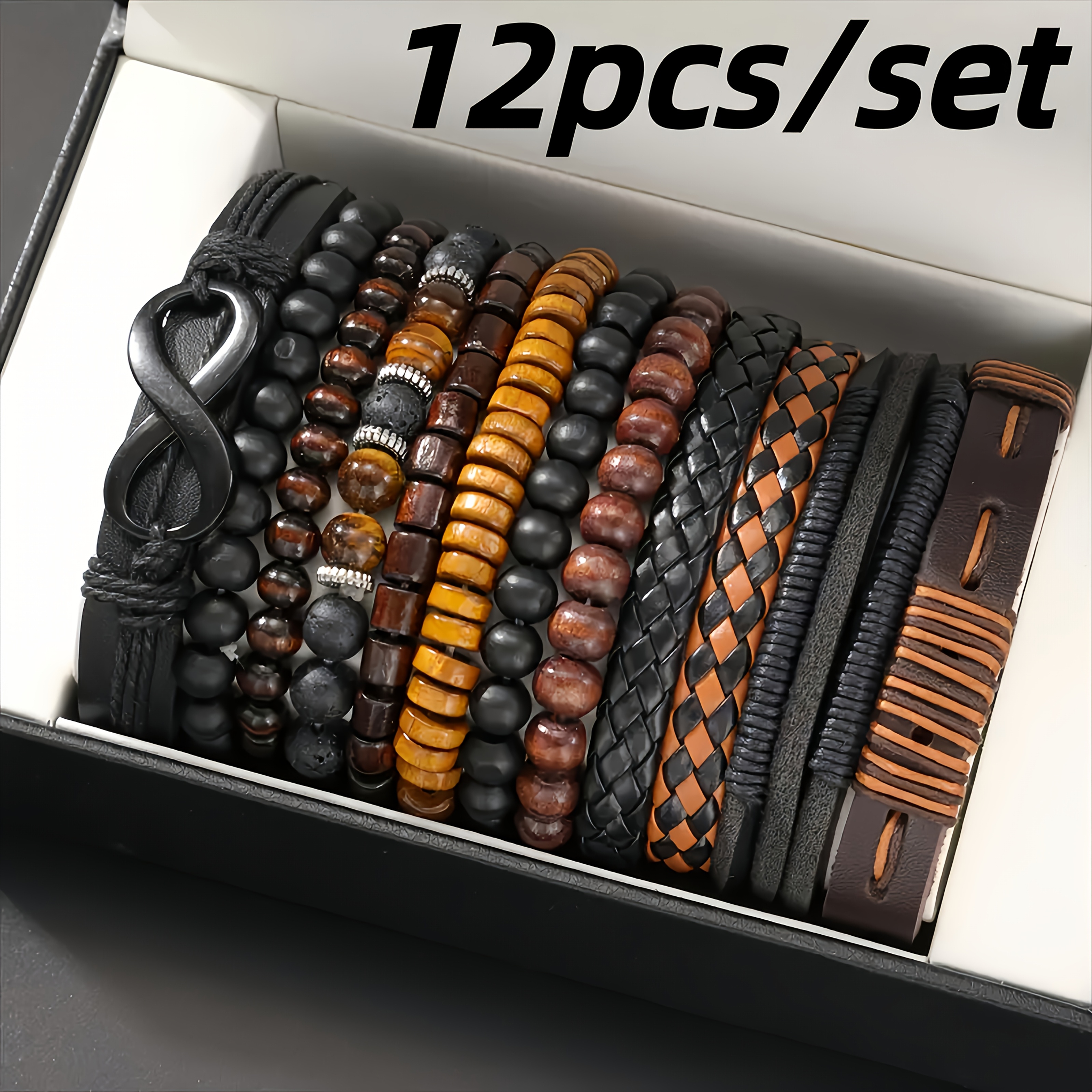 

12pcs Vintage Men's Bracelet Set - Woven Leather, Tiger And Beads, Synthetic Fiber Rope, Fashionable Jewelry Suitable For Casual And Party Wear