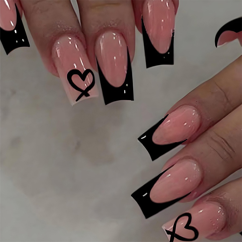 TEMU Medium Press-on Nails Coffin Fake Nails Black Tip False Nails With Design On Nails Heart Acrylic Nails Full Cover Stick-on Nails For Women 24pcs