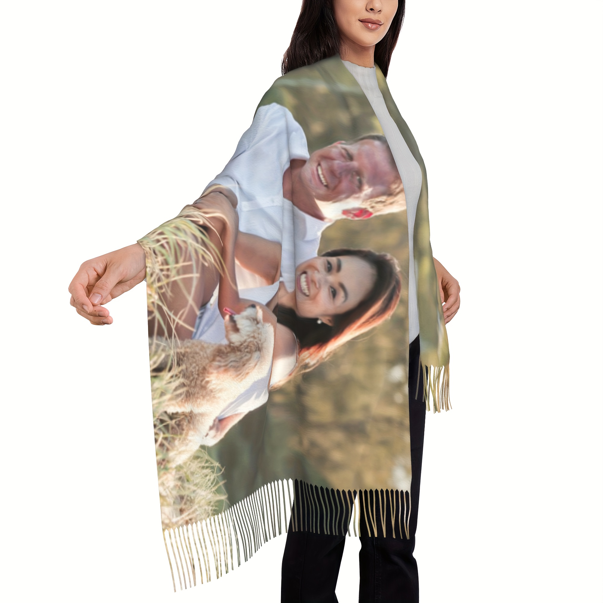 

1pc Custom Photo Print Scarf With Tassels - 100% Polyester Funky Style, Non-stretch Knitted Warm Decorative Shawl For Spring, Autumn, Winter - Ideal For Halloween & Christmas Gifts, Outdoor, Fashion