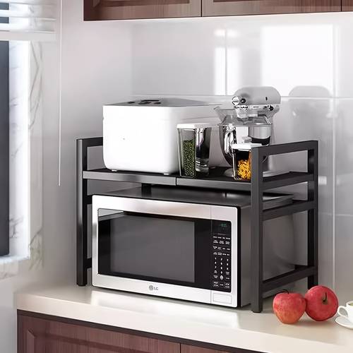 Scaffale Estensibile per Microonde, Scaffale a 2 Ripiani per Microonde con 3 Asciugamani, 5 Ganci, Porta Bacchette e Porta Tagliere, Organizer da Cucina, Scaffale per Cottura a Microonde, Piano di Lavoro, Estensibile 40-64 Cm (Nero, Bianco)