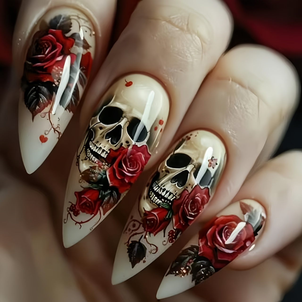 Skeleton Red Rose Halloween Press On Nails Glossy Full Cover Long Almond False Nails Women Diy Manicure 24pcs