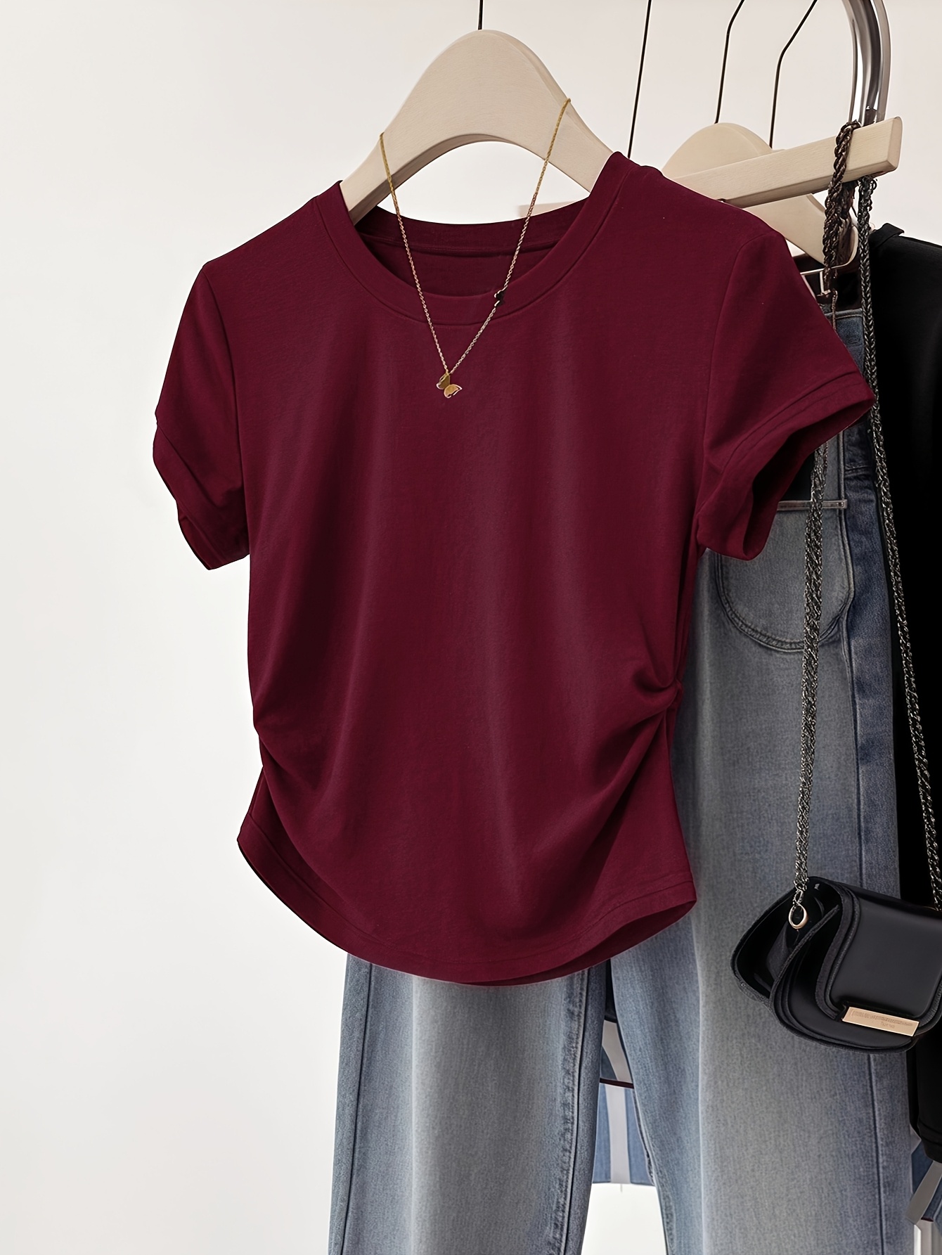 Women'S Casual Crew Neck Short Sleeve T-Shirt - Dark Green, Ribbed Hem, Lightweight & Stretchy, Perfect for Summer, Casual Attire|Ribbed Hem Tee|Lightweight Tshirt
