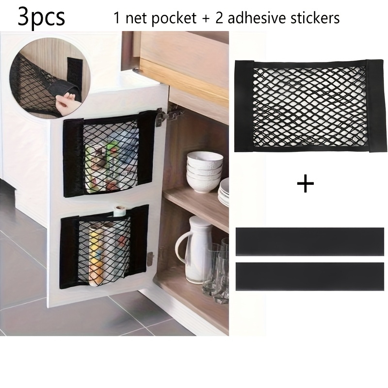 E-shop 3-teiliges Set (1 Aufbewahrungstasche + 2 Aufnäher) Bohrfreie, stark klebende, wandmontierte Netz-Aufbewahrungstasche | Geeignet für