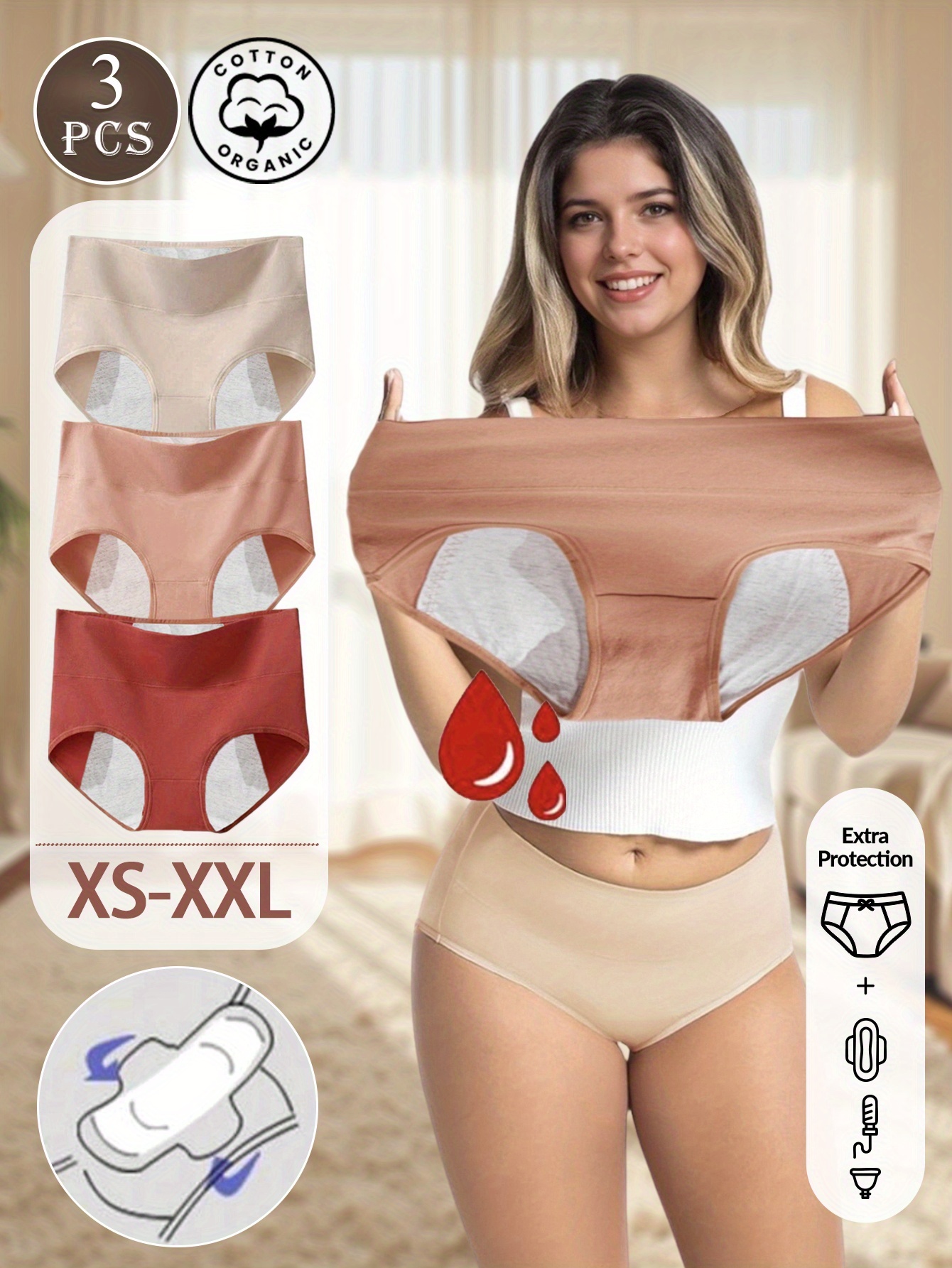 3-Pack Women s Period Panties,   Solid Color High-Waist Underwear, High   Full Coverage   Menstrual Pads, Anti-Leak  , XS-XXL
