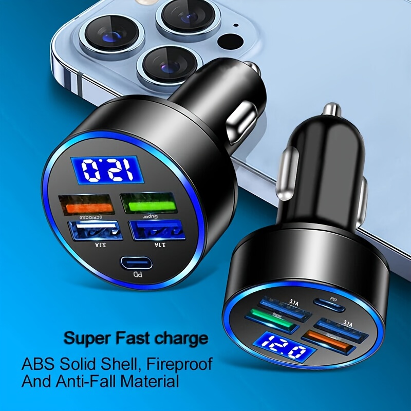 Baideluo 5-Port Car Charger with LED Display - Fast Charging for Multiple Devices, Universal 12-24V Adapter for In-Car Use, Car Charging Solution|Modern Car Charger|Compact Charger, Without Battery