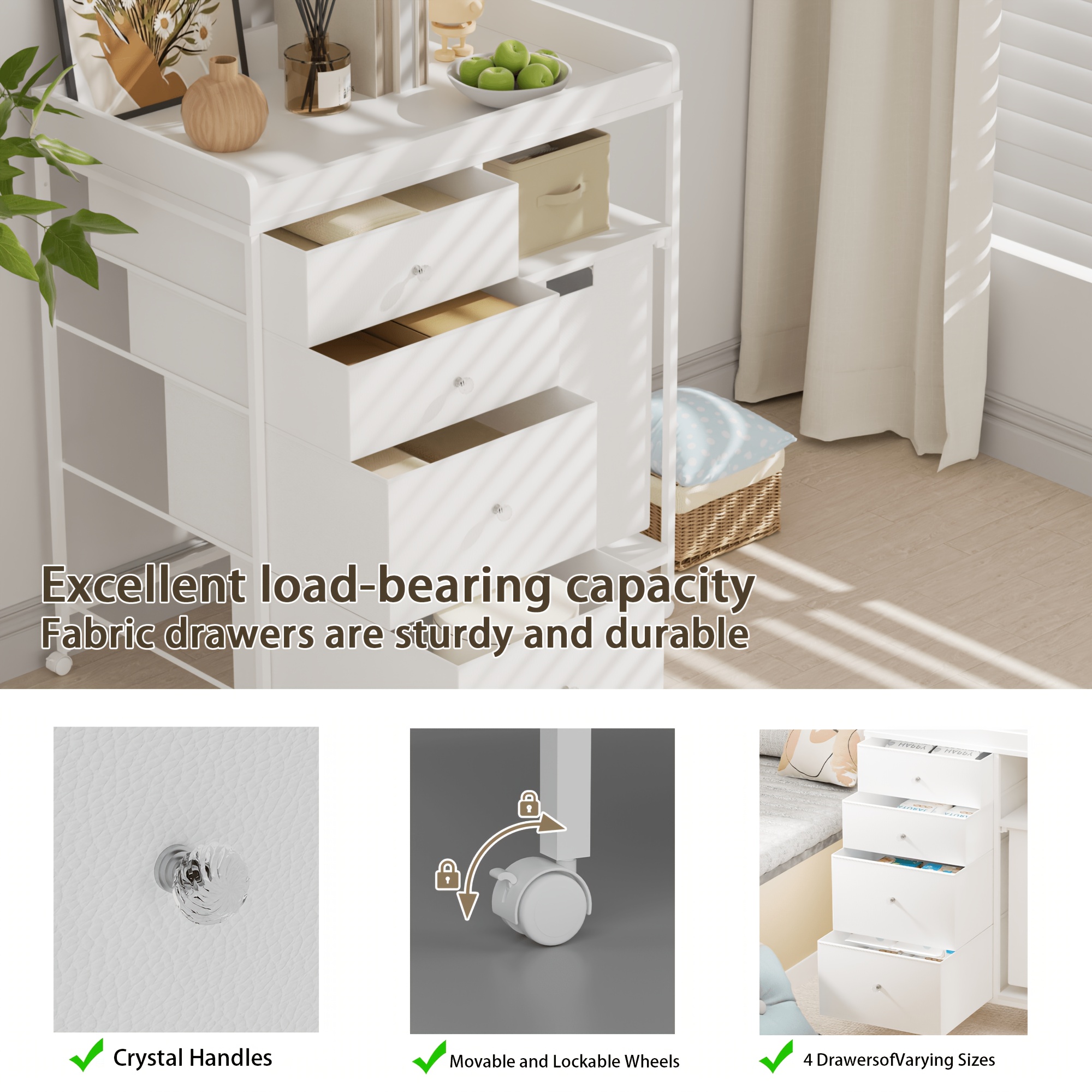 Baby Changing Dresser, 4-Drawer Baby Dresser with Changing Table Top, Diaper Changing Station & Pad, 2 Open Storage Shelves, Mobile Nursery Organizer, White