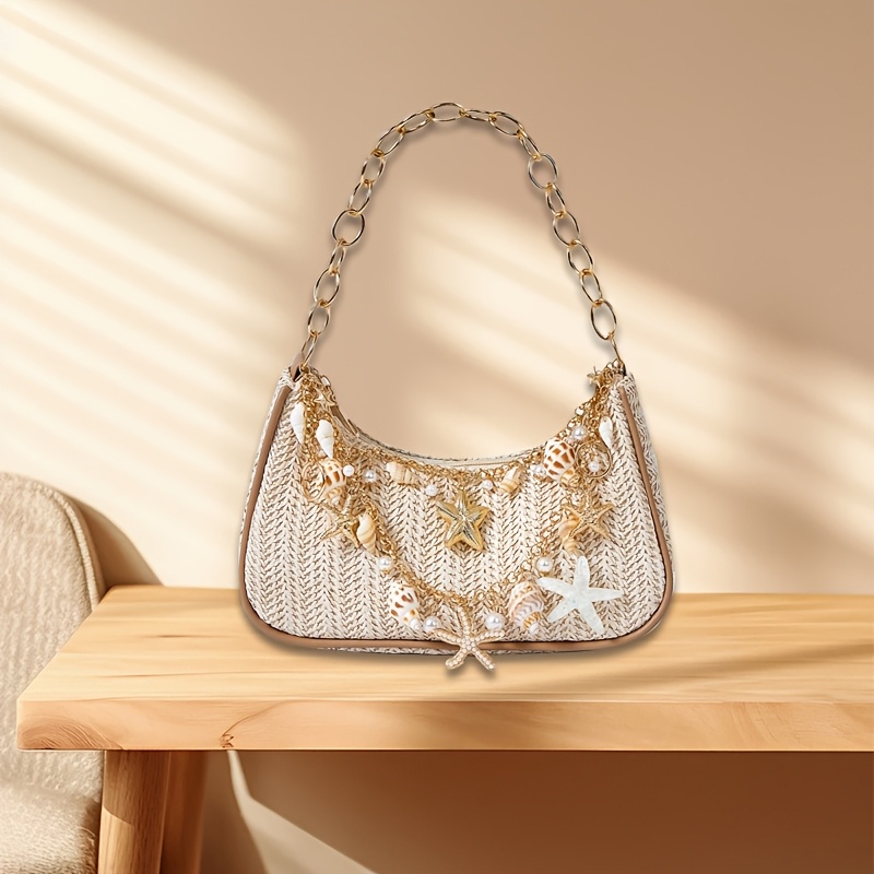 TEMU 1pc Summer Beach Starfish Series Woven Shoulder Bag/tote Bag, Beach Bag, Straw Tote Bag (decoration Position Random)