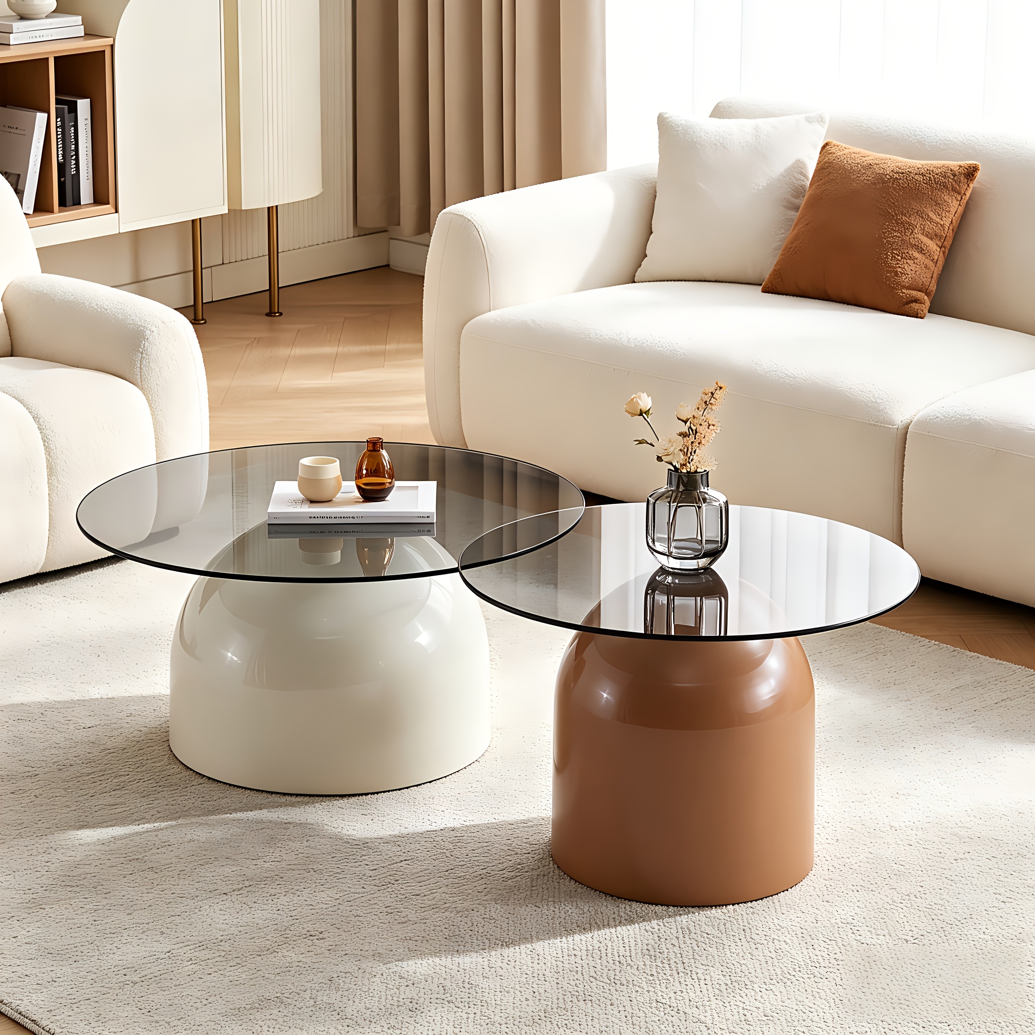Nesting Coffee Table Set Of 2, Small Coffee Table for Small Spaces Apartment, Round Glass Coffee Table Set, Modern Space Saving Center Table for Living Room Balcony Office