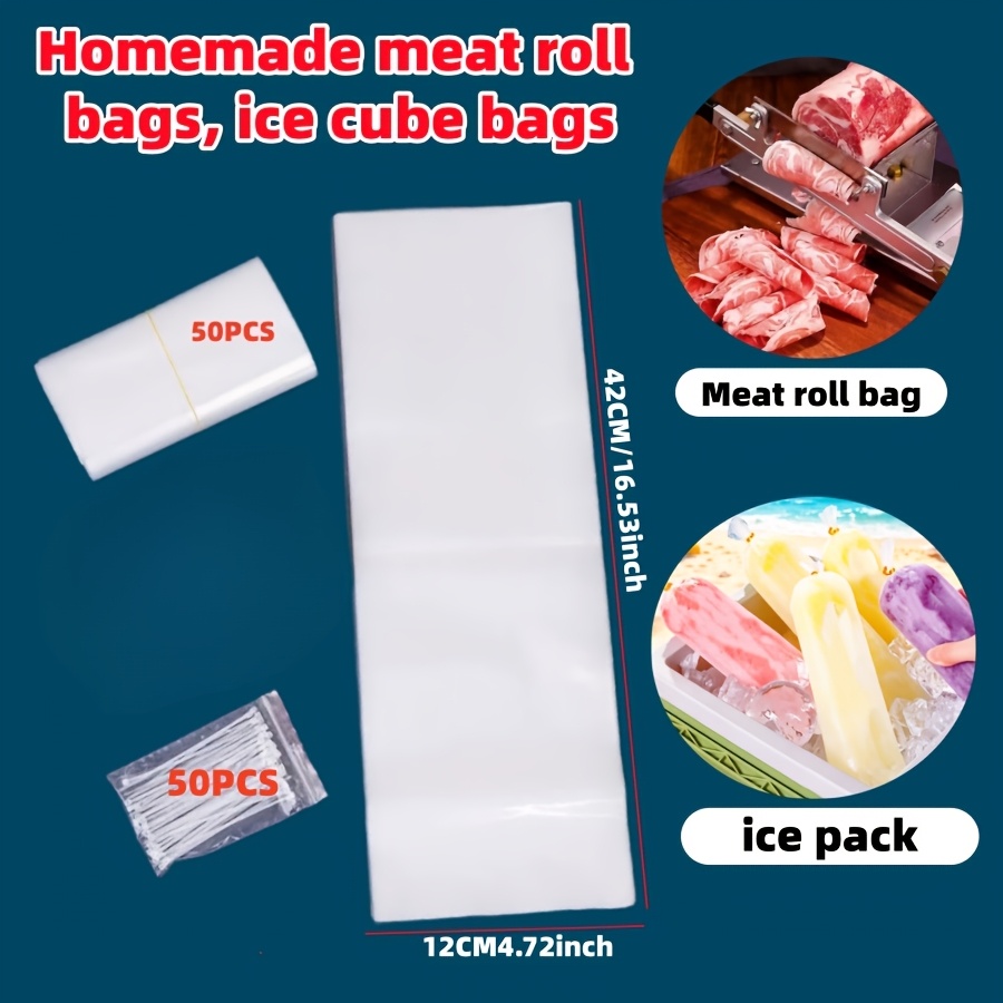 TEMU 100pcs Meat Roll Bag Shaved Cube Of Ice Of Ice Bag, Thickened Cube Of Ice Bag Soy Tea Refrigeration Ice Powder Machine Special Flat Mouth