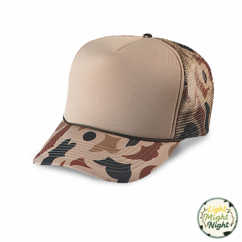 TEMU A Blank Khaki Camouflage Trucker Mesh Suitable For Casual Outdoor Use. This Baseball Hat Features A Moisture-wicking Sponge Layer And Decorative