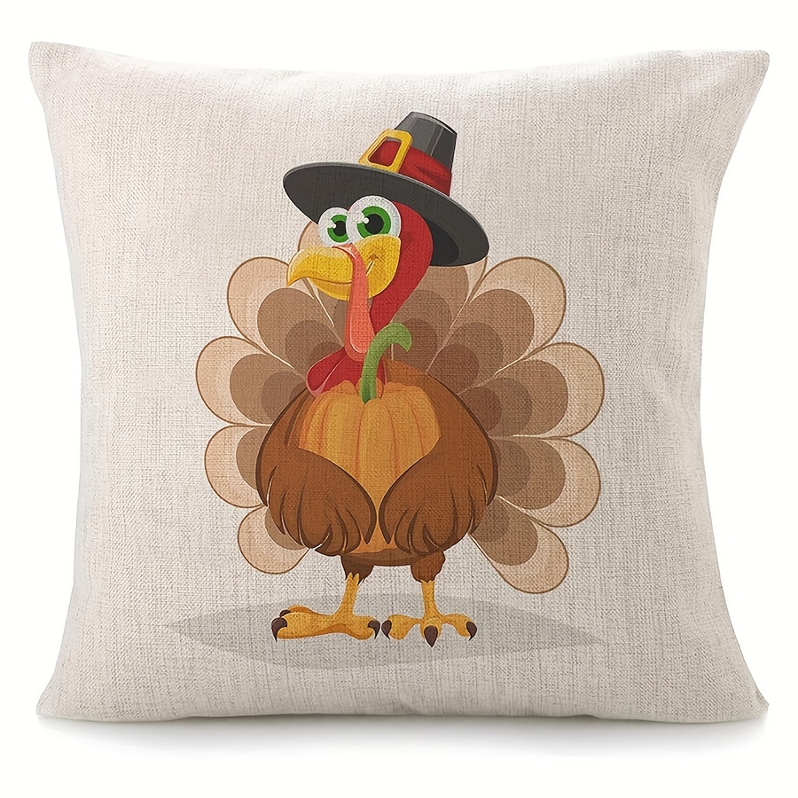 

Thanksgiving Turkey & Pumpkin Linen Throw Pillow Cover - Cute Cartoon Design, Zip Closure, Machine Washable For Sofa And Bed Decor, 16x16/18x18/20x20 Inches (pillow Not Included)