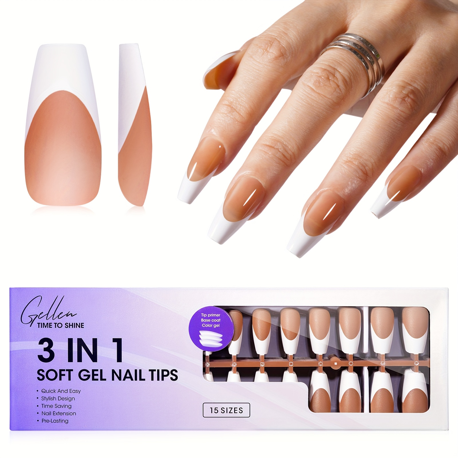 

Gellen French Soft Gel Nail Tips - Medium Coffin White French Tip Press On Nails Brown 15 Sizes, 3in 1 Pre-french Gel Nail Tips 150pcs Full Cover Fake Nails For Art