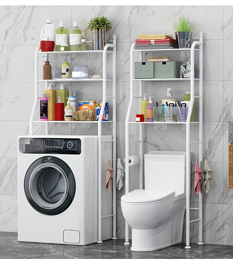 over the toilet storage rack metal freestanding bathroom organizer with hooks no drill installation multi tiered shelves for toilet and washing machine space saving design   ideal for towels toiletries decorative items freestanding shelves modern bathroom decor sturdy metal construction bathroom storage Product details 1