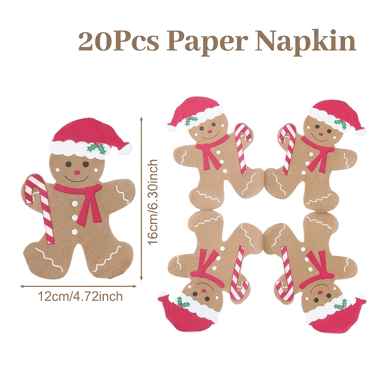 TEMU 20pcs Gingerbread For Napkins - Cute Gingerbread Men With Icing & Candy Cane Patterns, Disposable Paper Christmas Table Decorations For Holiday