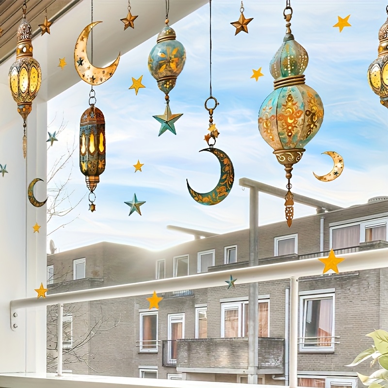 1 Set Middle Eastern Islam Style Wall Decoratelantern Static Cling Window Decals, Double-sided Contemporary Pvc Glass Stickers, Removable Decor For Home And Office(size:11.8in*35.4in*2 Sheets)