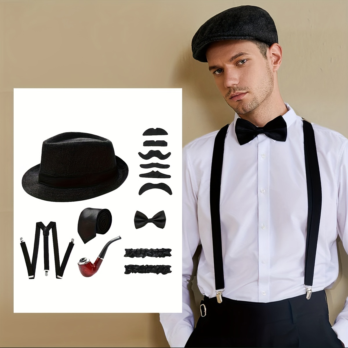 

7pcs D Jewelry Set, Unisex 1920s Accessories, Hat, Suspenders, , For Weddings, , Halloween, All