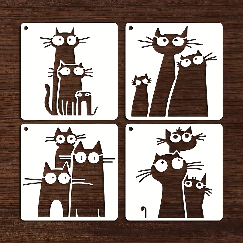 TEMU 4 Styles Of Cartoon-style, Fun And Whimsical Cat Art Templates, Measuring 4x4 Inches, Reusable, Suitable For Handmade Crafts, Painting, Canvas