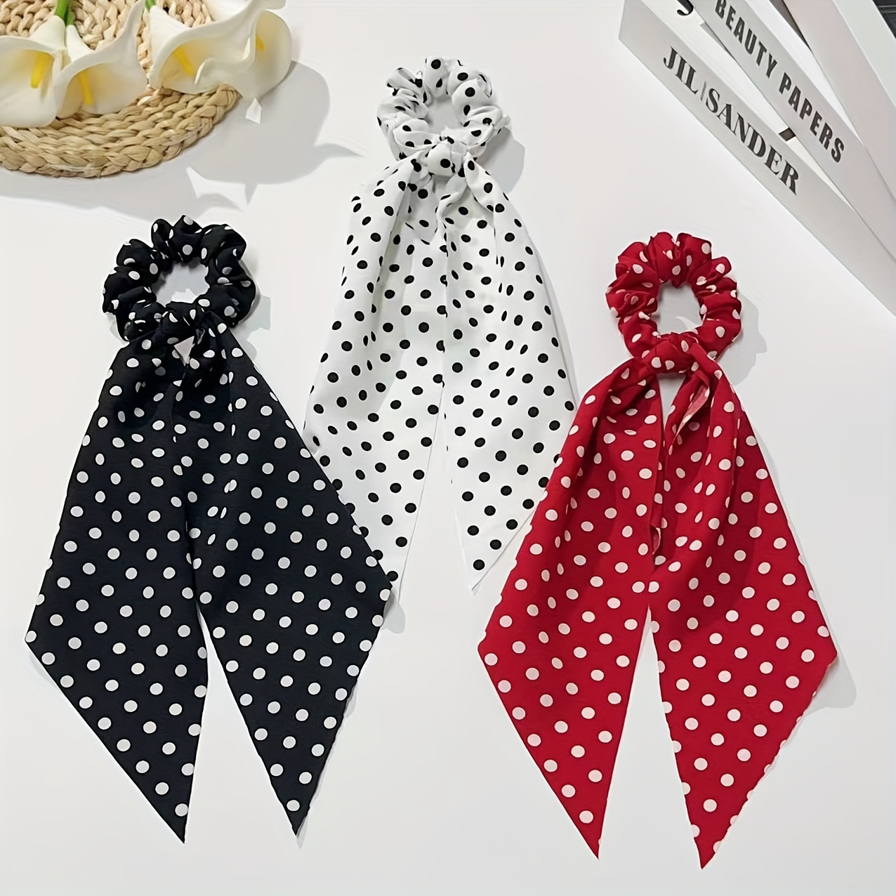 E-shop 3 Stück Damen Elegante Süße Haargummis, Punkte Design – Lebendige Niedliche Farbkombination, Haaraccessoires für Dutt Halbhoch-Frisuren, Ideal