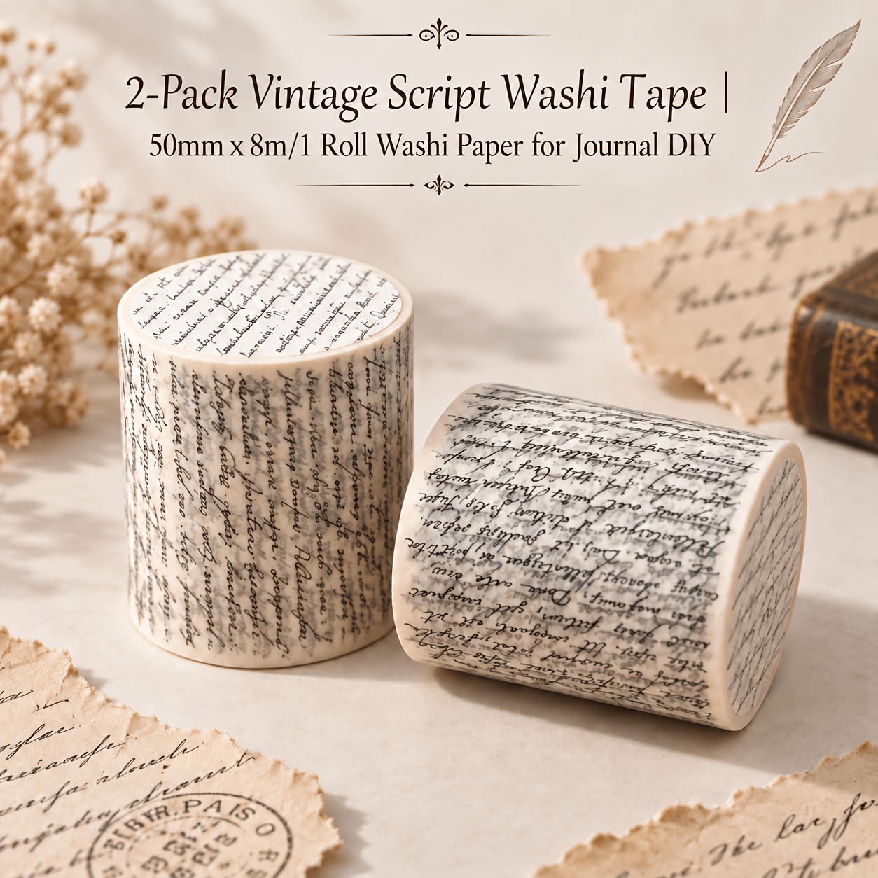 item picture 50mm x 8m per roll 2 rolls total aesthetic   decorative masking tape for junk journal 2 pack vintage script washi tape scrapbooking card making gift wrapping christmas decor crafts