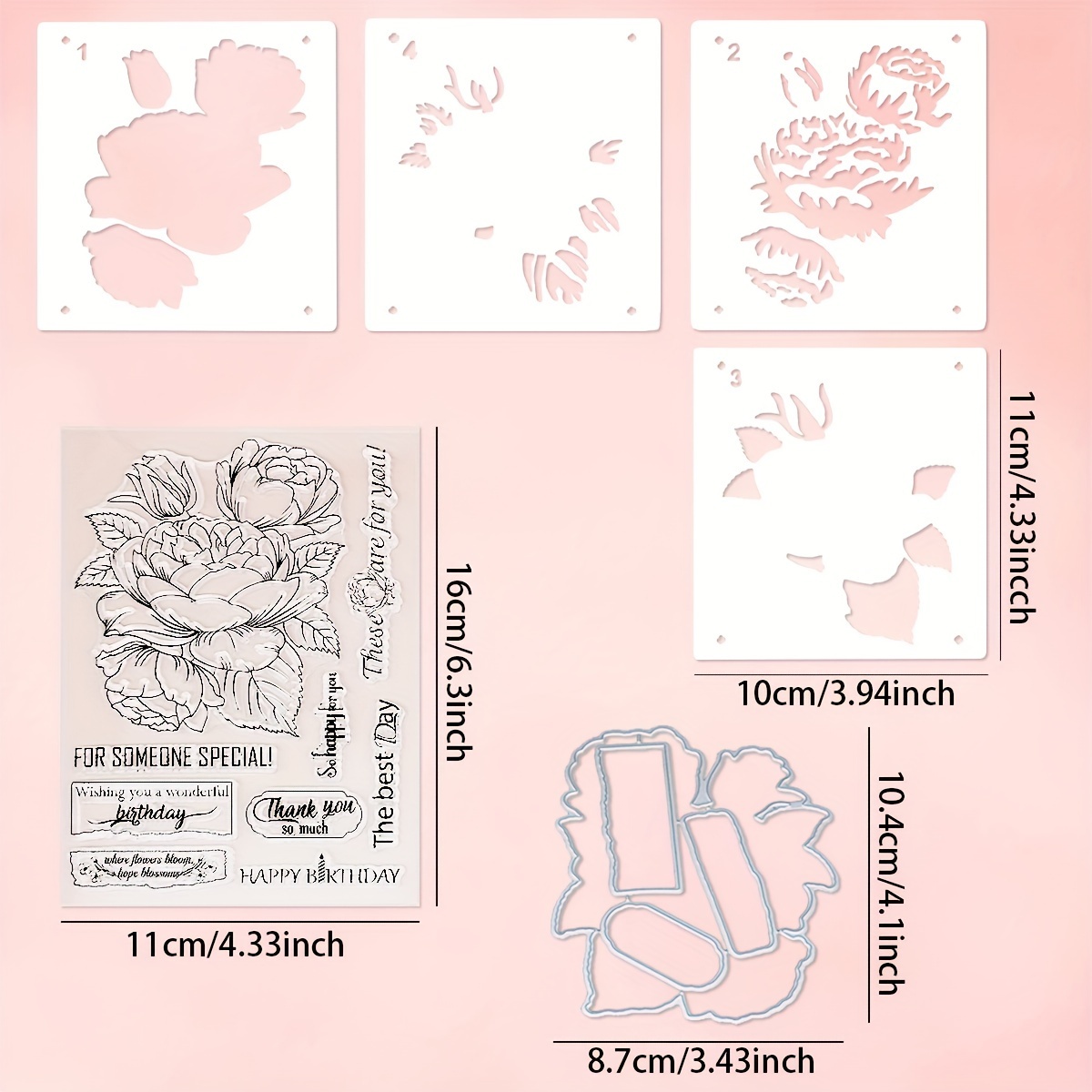 E-shop Alinacraft bietet ein Set, das einen transparenten Stempel einer Pfingstrose, vier Schicht-Schablonen und einen Metall-Schneide-Stempel enthält,