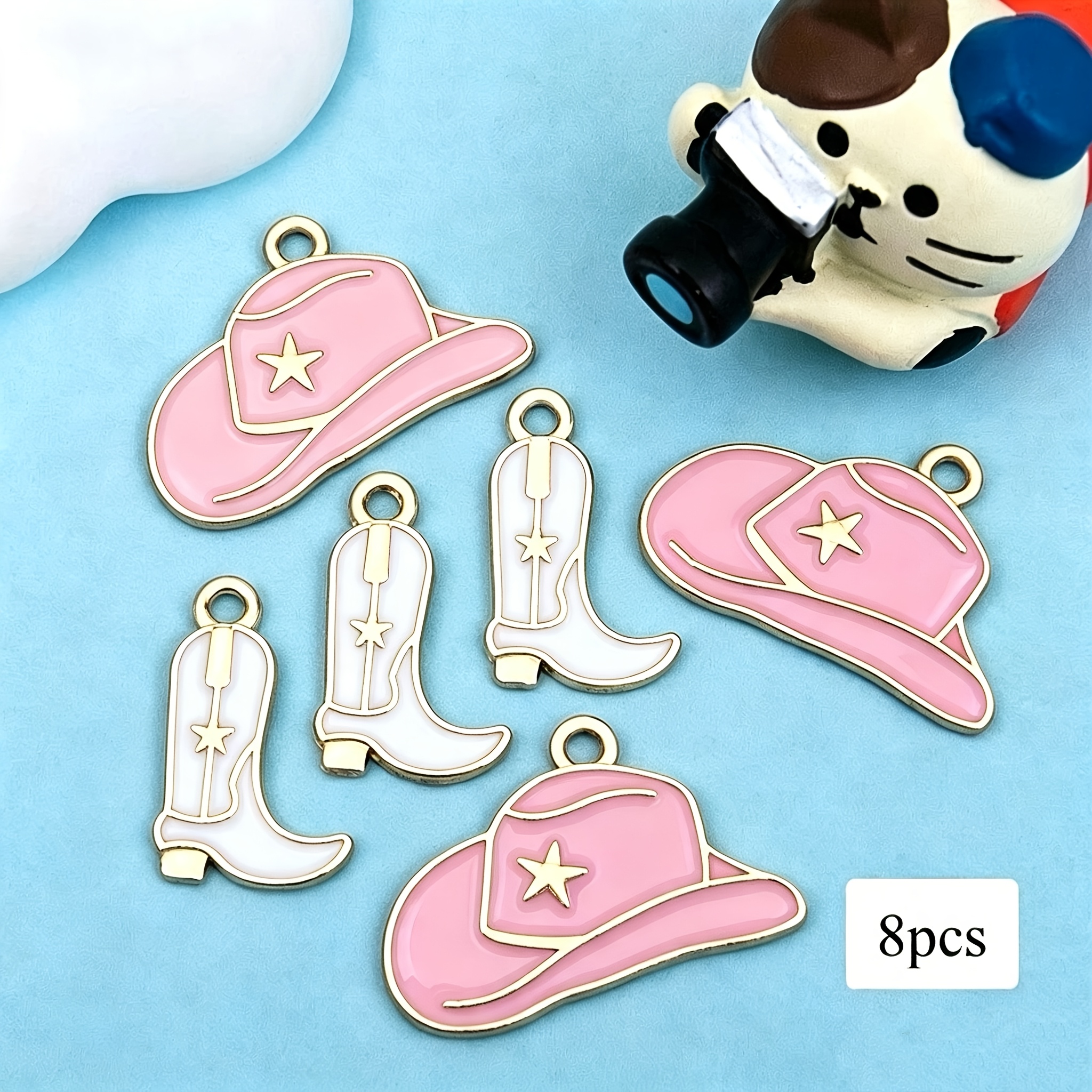 TEMU 8pcs/18pcs/28pcs Random Assorted Pink Cowboy Hat And Boots Pendants, Alloy Enamel Diy Charms, Suitable For Your Own Earrings, Necklaces,