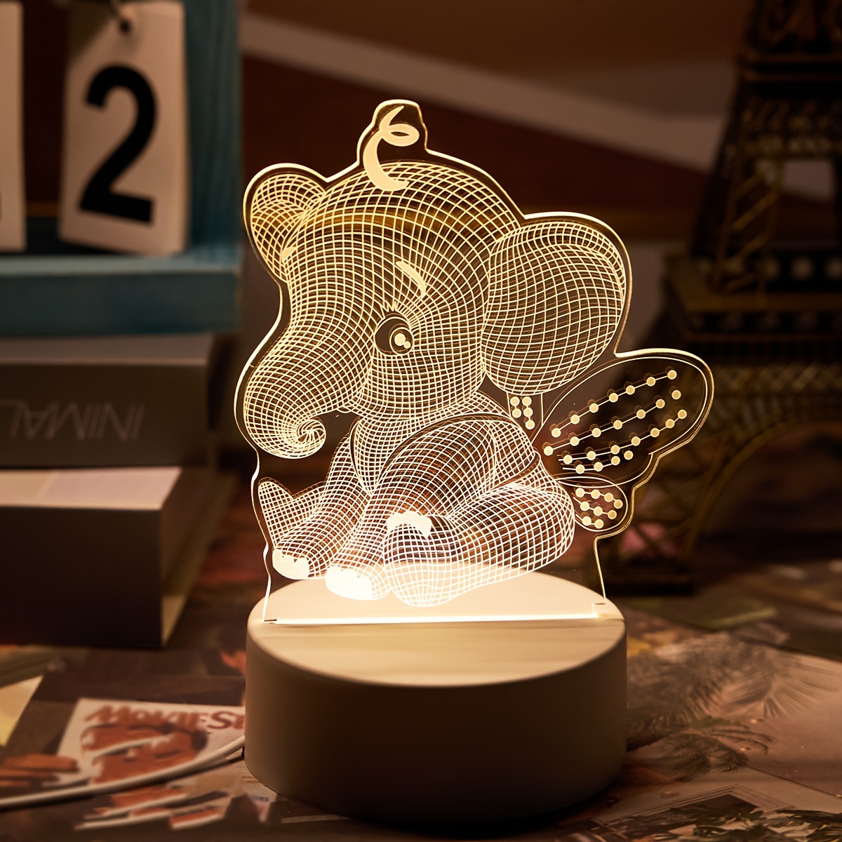 Image of 1pc Usb 3d Illuminated Creative Night Light, Angel Elephant Night Light, Animal Night Light, Home Decor, Tabletop Decor, Living Room And Room Decoration, Birthday Gift, Holiday Gift