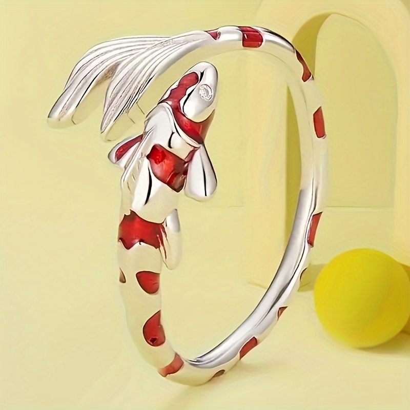 Image of 1pc Women's Fashion Ring Creative Red Enamel Carp Fish Open Adjustable Ring Ladies Daily Casual Vacation Ring Girlfriends Birthday Gift