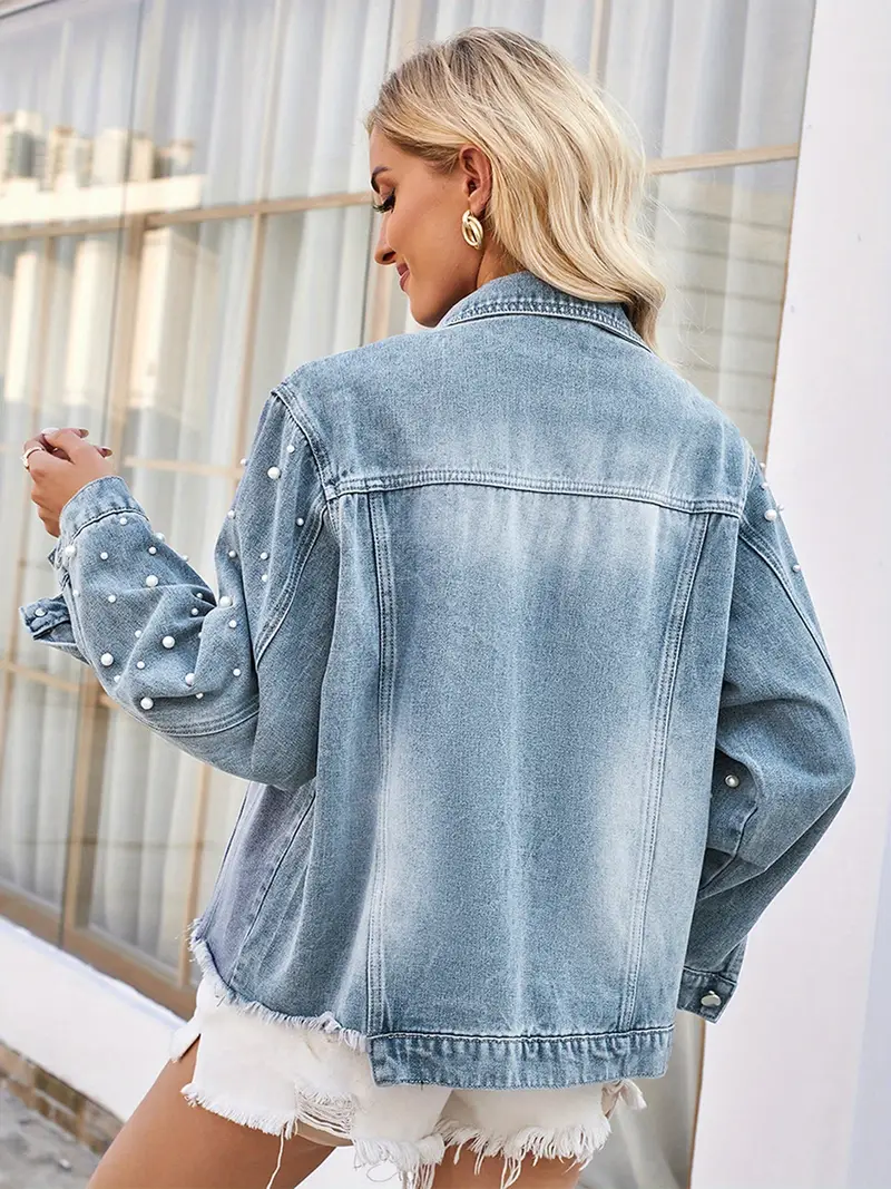 women vintage wash denim jacket casual hem pearl long Temu