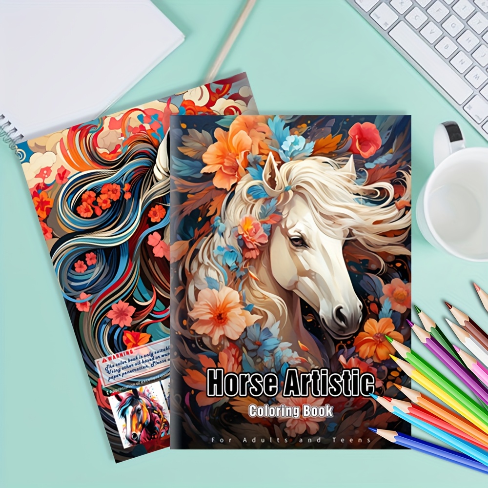 Image of An Artistic Horse-themed Coloring Book With Beautiful Flowers And Horse Patterns, 24 Pages, Perfect Gifts For Birthdays And Other Holidays