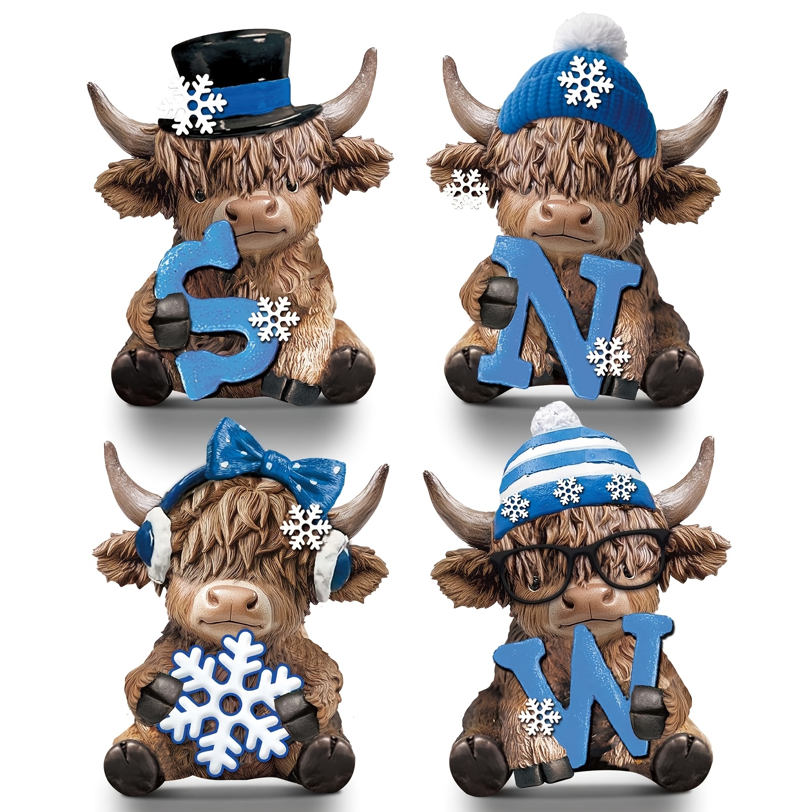 TEMU 4pcs Winter Snow Highland Cow Figurines, Snow Letter Cow Statue, Snowflake Knit Hat Bow Earmuffs Glasses Decor, Farmhouse Tiered Tray Tabletop