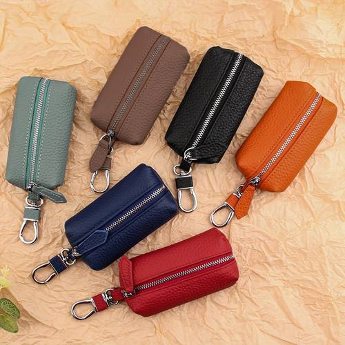 genuine leather large capacity key holder with metal hook multi functional zippered coin purse car key organizer leather wallet for women 5 colors beige black teal red orange car key holder travel accessory practical gift