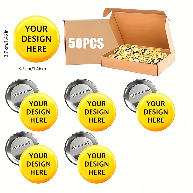 TEMU 50pcs Boxed Custom Brooch Pins, Available In Various Sizes, Customizable With Your Own Patterns And Designs. Suitable For Birthday Parties,