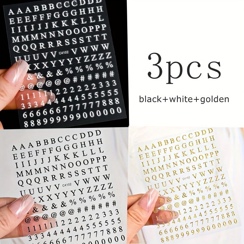 Image of 3pcs Alphabet Nail Stickers English Number Signs Golden And Silvery Simple Backing Nail Stickers