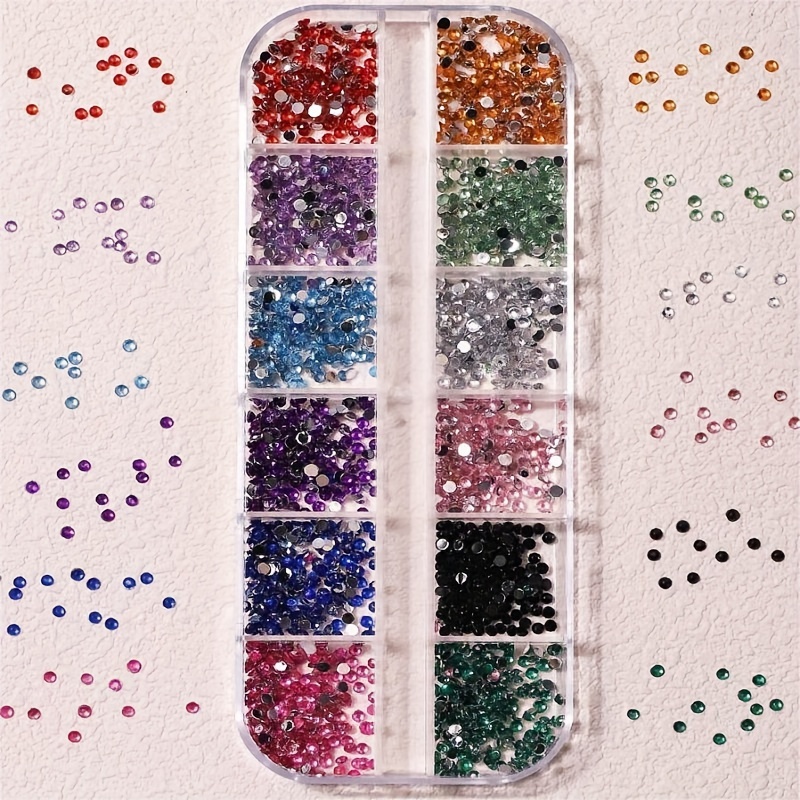 

12-grid Colorful Glass Nail Art Rhinestones - Flatback Crystal Gems For Diy & Salon Use, Perfect For Hands, Feet & Nails