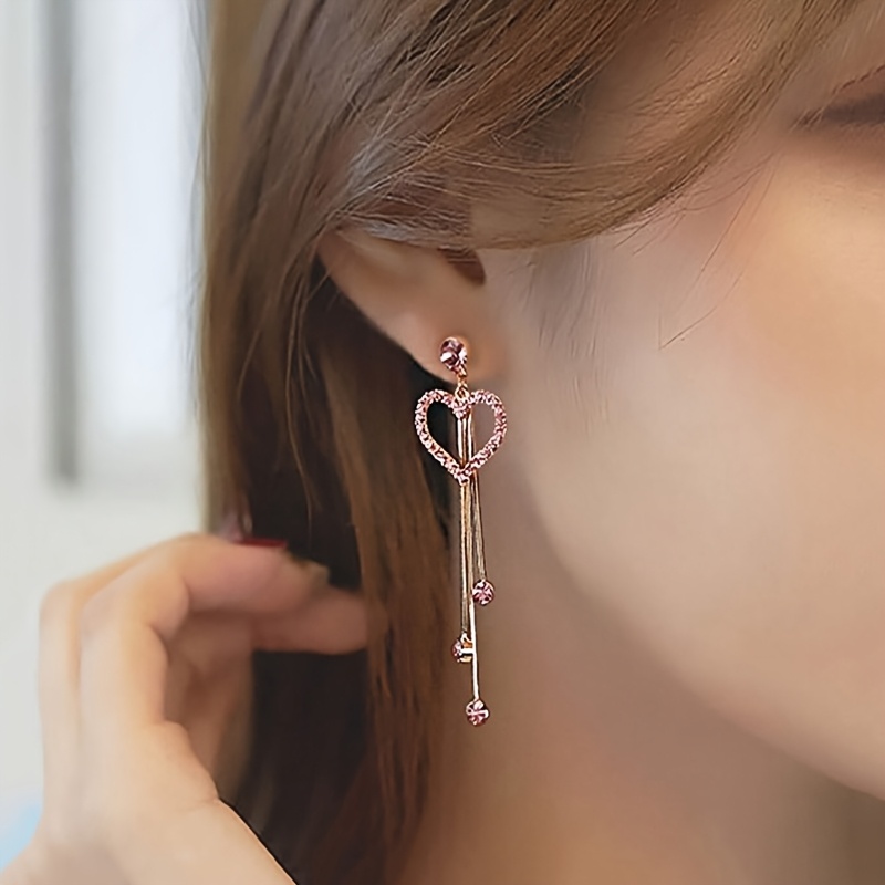 

1 Pair Valentine's Day Heart-shaped Tassel Earrings, Alloy With 925 Sterling Silver Ear Needle, Glitter Style Cute Daily & Festival Jewelry Accessory For All