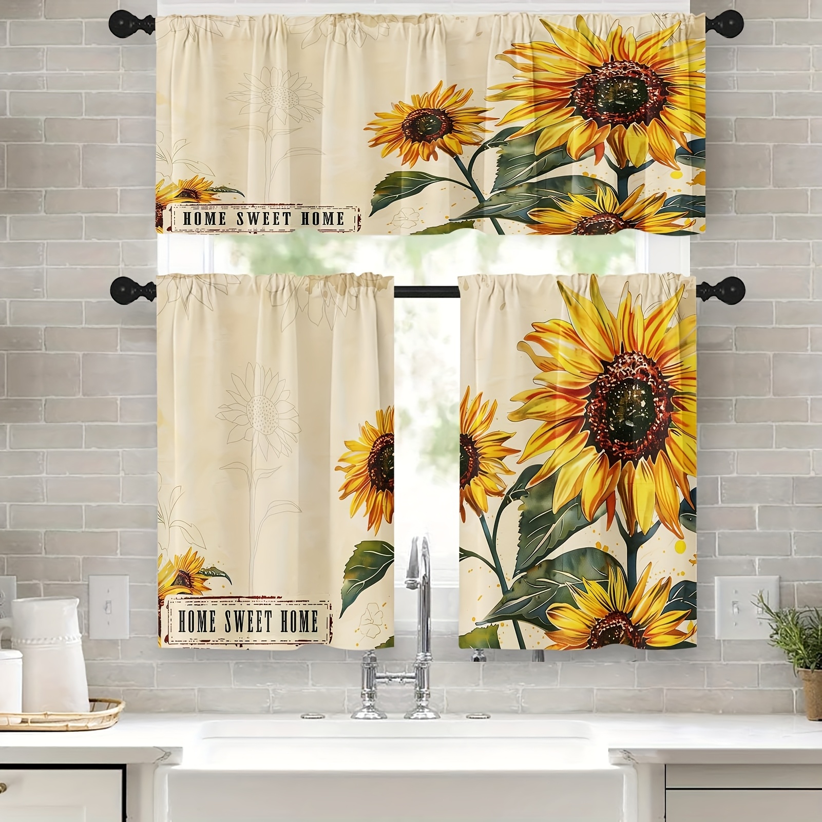 TEMU 3pcss Farmhouse Sunflowers Kitchen Window Curtains Valance And Tier Set 36 Inch, Summer Floral 3pcs Set Short Curtains For Window Tiers For