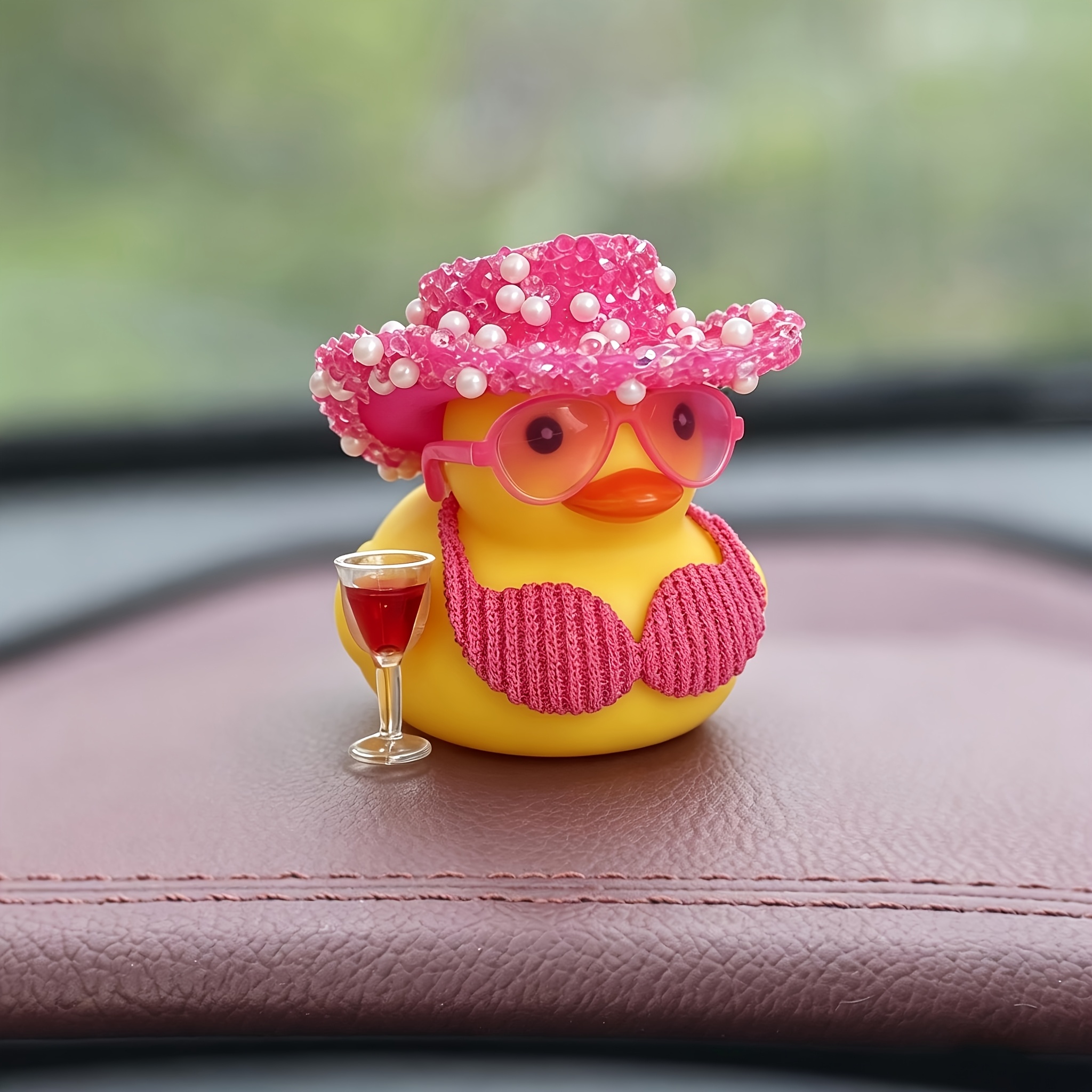 1pc Swimsuit Party Duck Car Dashboard Decoration, With Sparkling Pink Cowboy Hat, Fashionable Glasses, Wine Cup, Bikini - Funny Car Accessory, Enhancing Driving Atmosphere, Novelty Car Accessory Gift