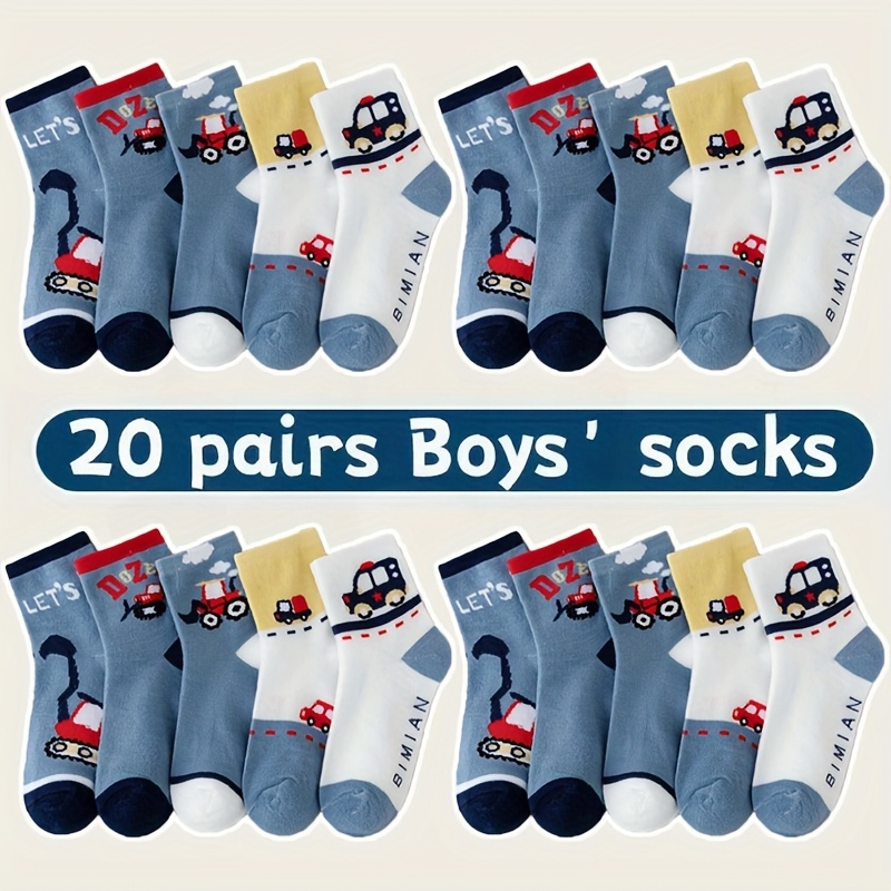 Image of 20 Pairs Of Boys' Mid-calf Socks Featuring Cartoon Car Designs, Made From Breathable And Comfortable Fiber, Suitable For Wearing In . Are Casual And Cute, Outfits, Making Them A Gift For Kids.