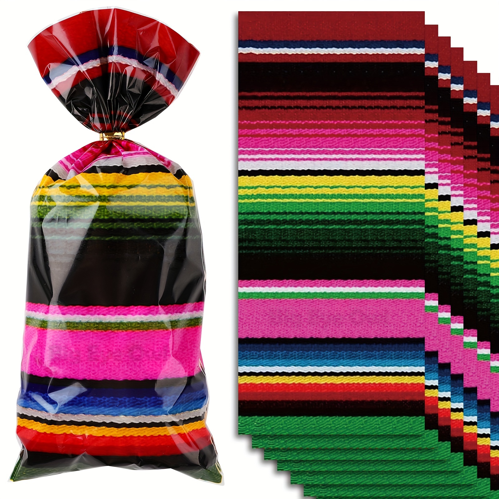 

100 Pcs Mexican Fiesta Stripe Candy Bags - Biodegradable Aluminum Film Treat Bags For Cinco De Mayo, Birthday, Anniversary, , Christmas, Thanksgiving - Party Favors & Goodies Cellophane Pack