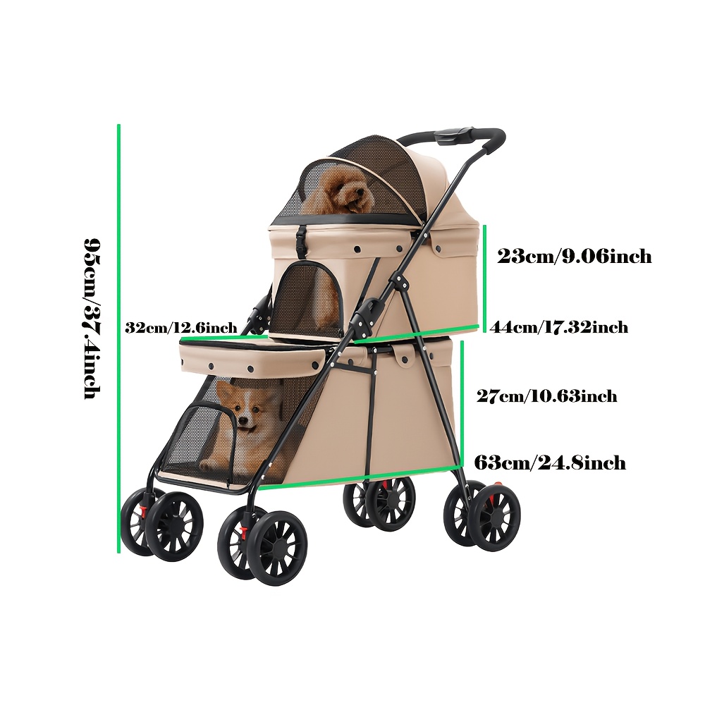 Double-decker Pet Stroller, Pet Stroller, Cat/dog Stroller With Wheels, Pet Stroller With Brakes, Suitable For Small To Medium-sized Pets, Accommodates 2 Pets, 67x50x95cm, Latte Color