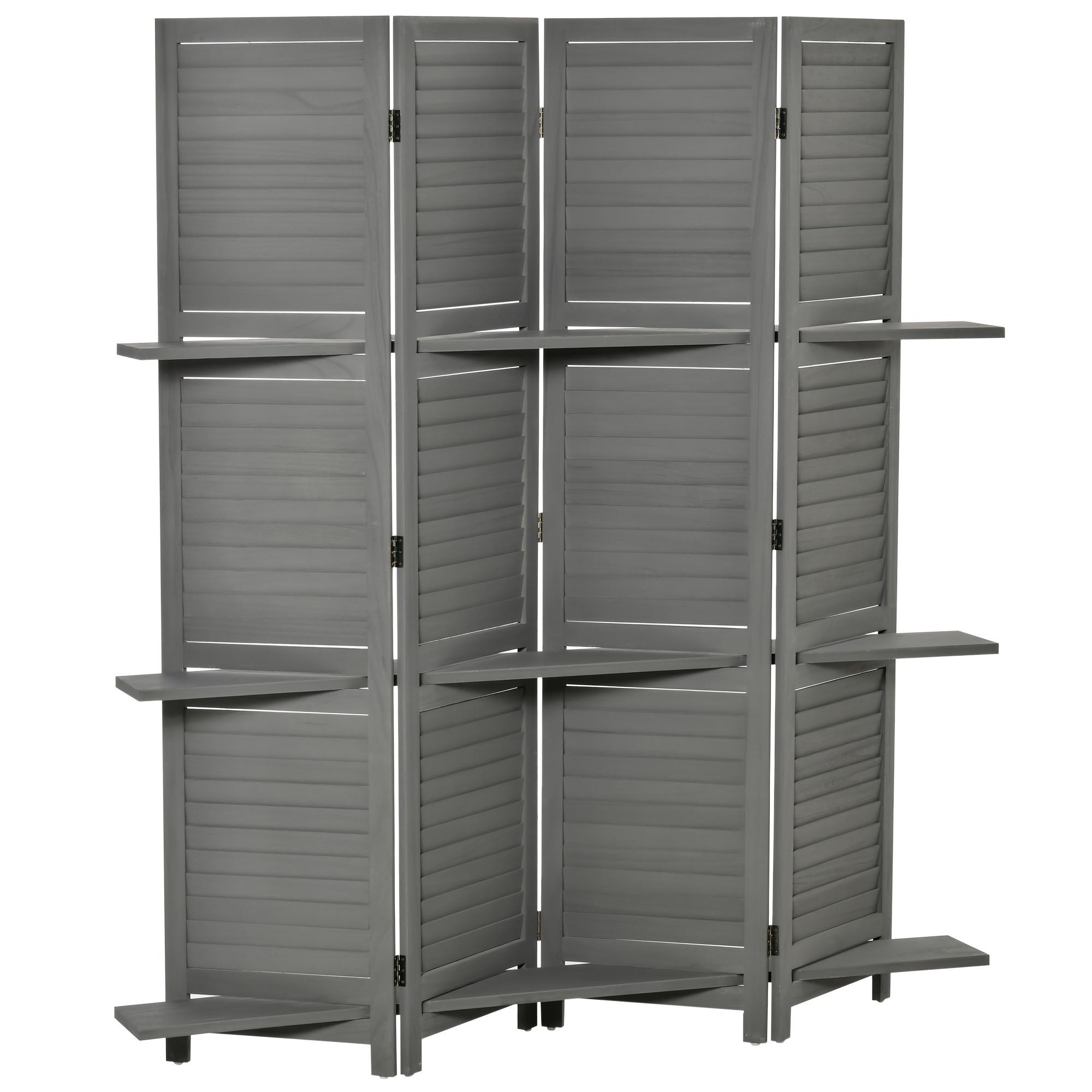 

4 Panel 67" Tall Wood Privacy Screen Room Divider With 3 Display Shelves, And Folding Storage For Bedroom Or Home Office, Grey