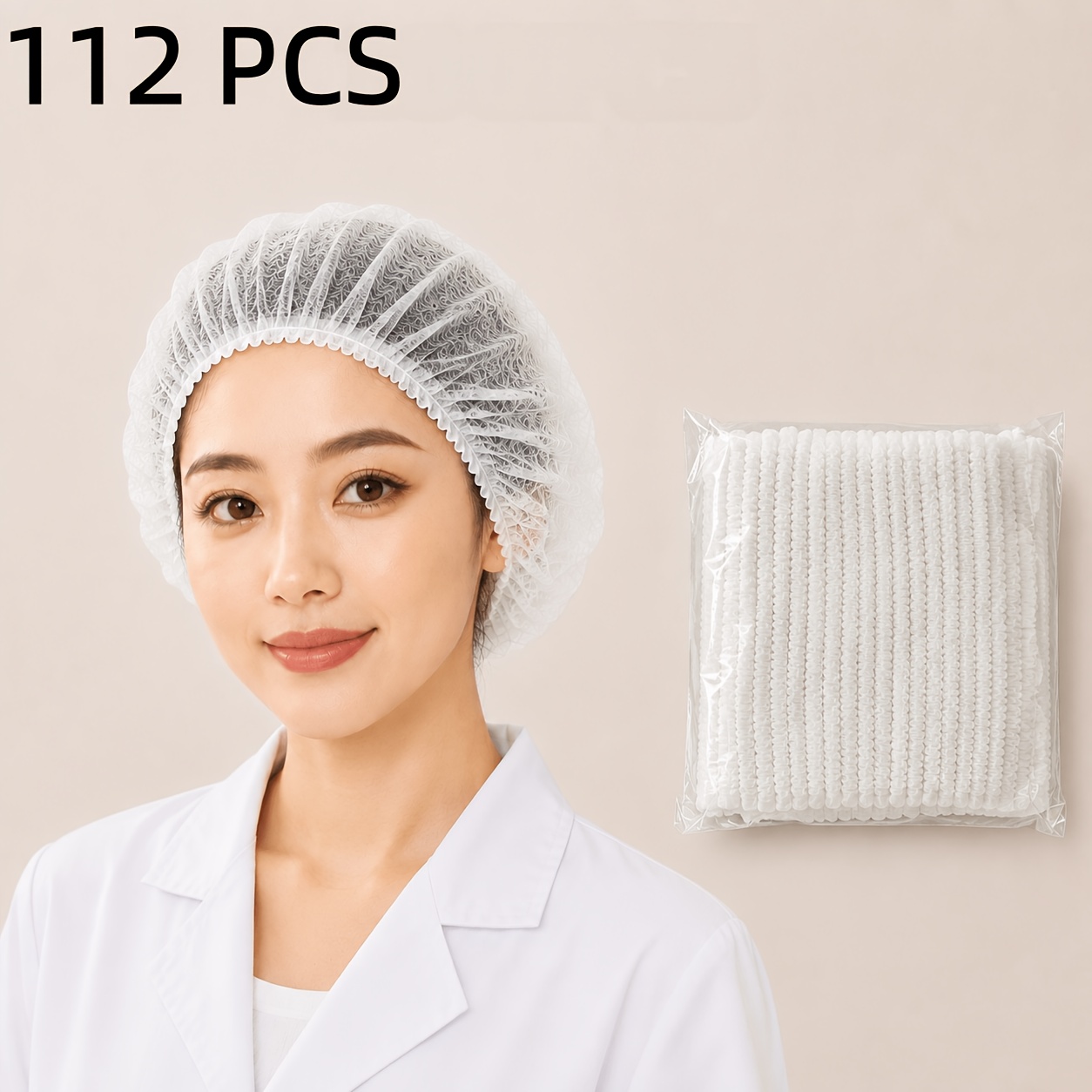 TEMU 112pcs Disposable Non-woven Hair Nets, Elastic Lightweight Breathable Kitchen Work Caps, Shower Caps, Suitable For Beauty Salons, Hair Salons,